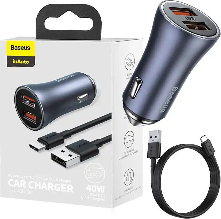 Nabíječka do auta Baseus Golden Contactor Pro, 2x USB, 40W (šedá) + kabel USB do USB-C 1m (černý)