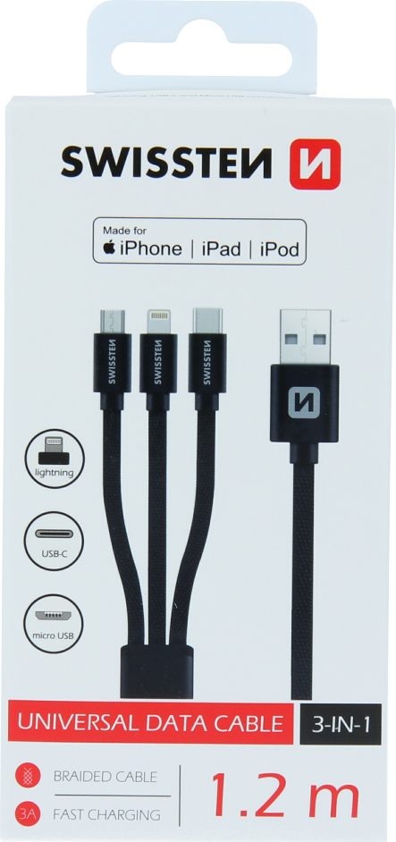 DATOVÝ KABEL SWISSTEN TEXTILE 3in1 MFi 1,2 M ČERNÝ (Lightning, USB-C, Micro USB)