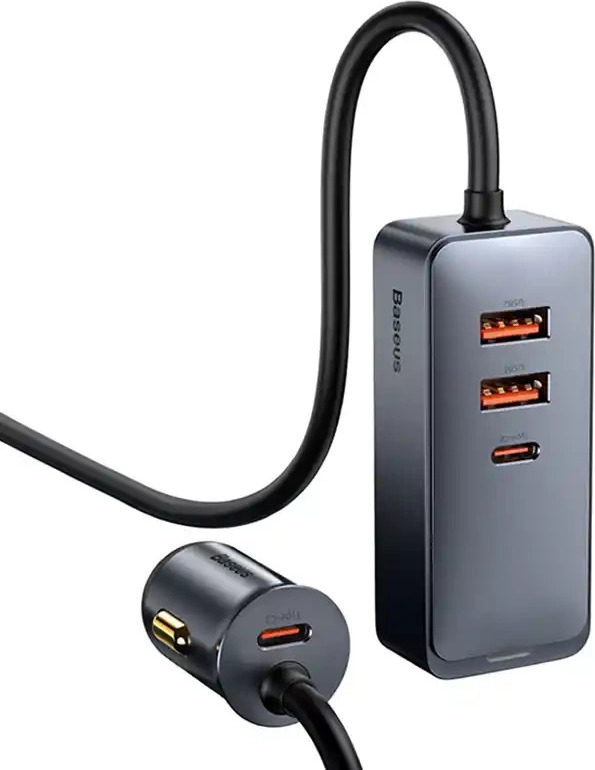 Nabíječka do auta Baseus Share Together s prodlužovacím kabelem, 2x USB, 2x USB-C, 120 W (šedá)