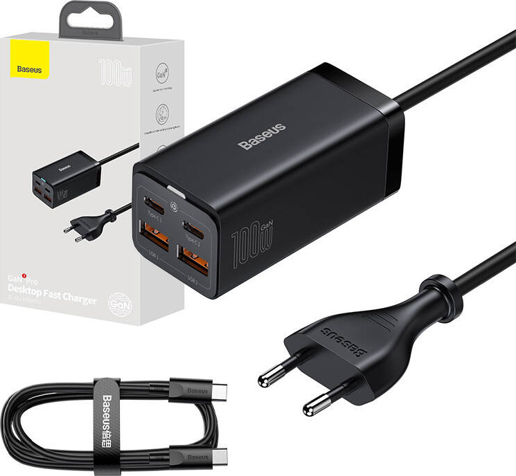 Baseus GaN3 Pro fast universal GaN charger 2 x USB Type C / 2x USB 100W PD3.0, QC4.0 +, AFC black (CCGP000101)