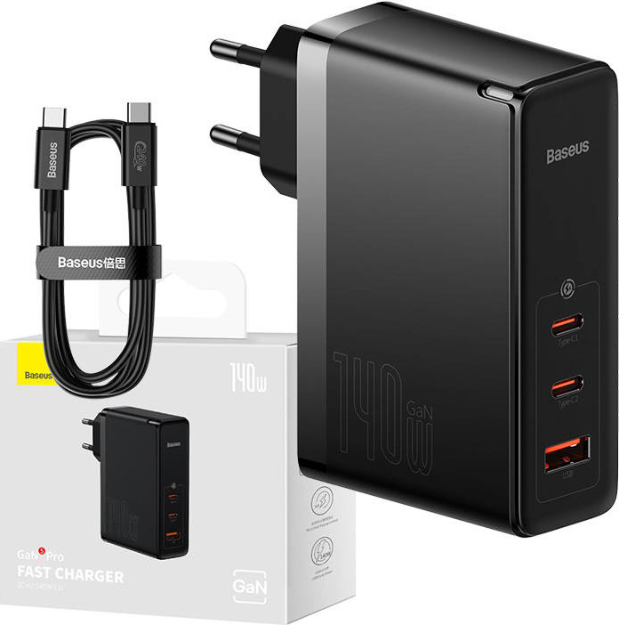 Nástěnná nabíječka Baseus GaN5 Pro 2xUSB-C + USB, 140 W (černá)