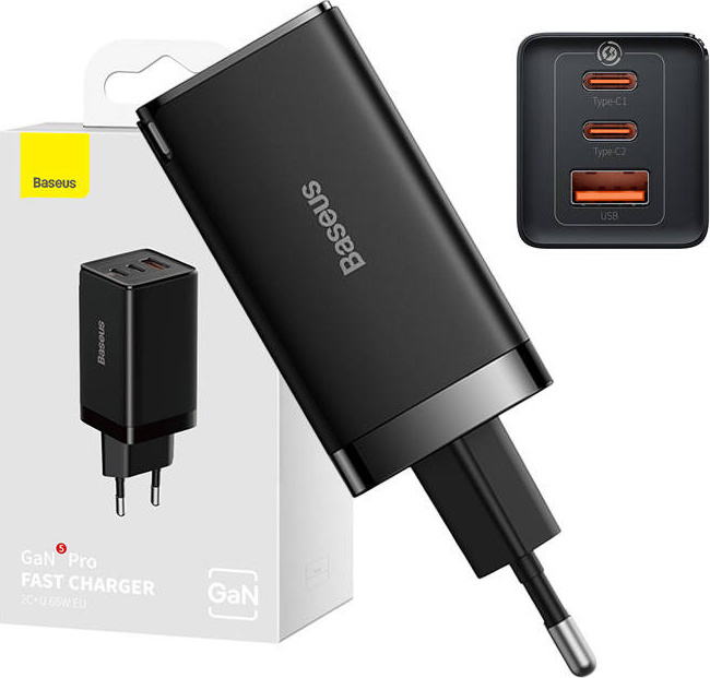 Nástěnná nabíječka Baseus GaN5 Pro 2xUSB-C + USB, 65 W (černá)