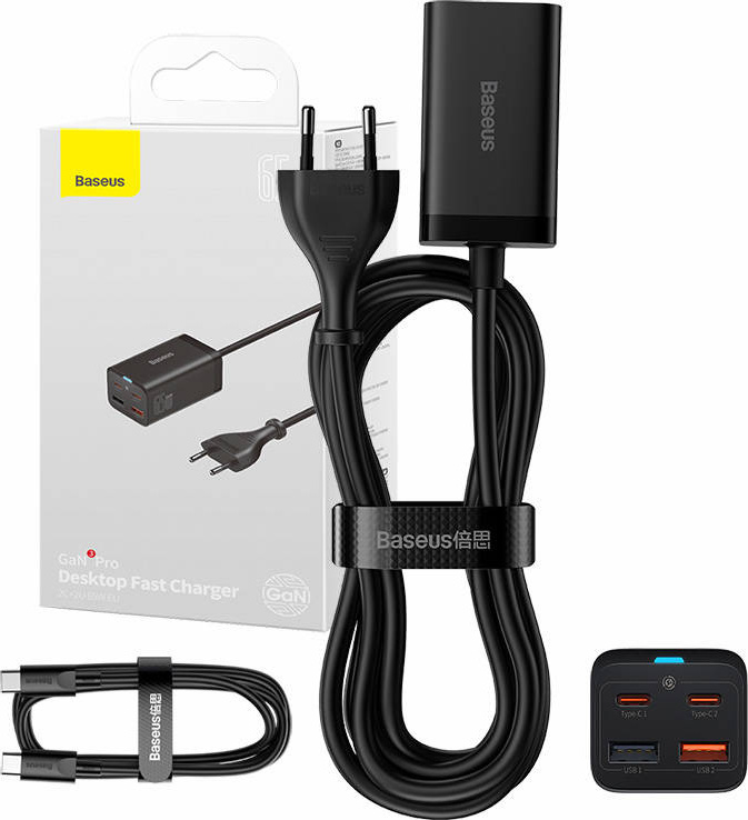 Baseus wall charger GaN3 Pro PD 65W 2x USB-C 2x USB black + USB-C - USB-C cable