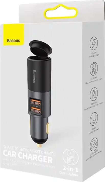 Baseus Share Together Rychlonabíječka do auta s rozšiřujícím portem pro zapalovač, 2x USB, 120 W (šedá)