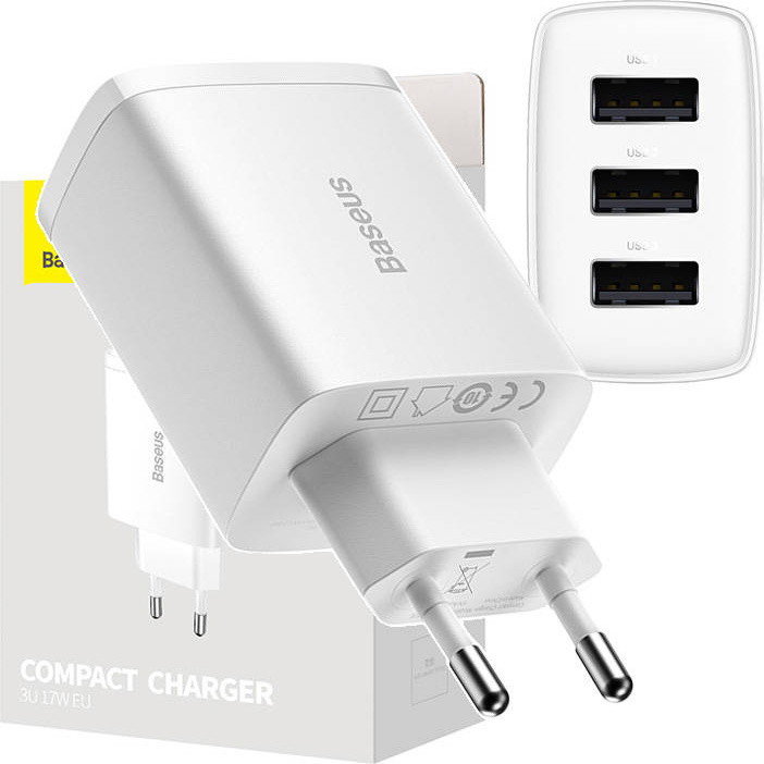 Kompaktní rychlonabíječka Baseus, 3x USB, 17 W (bílá)