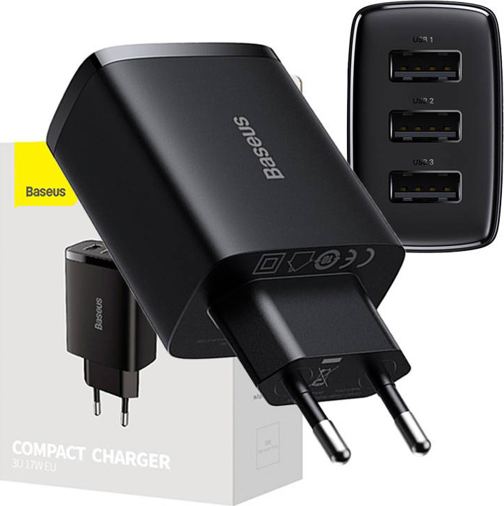 Kompaktní rychlonabíječka Baseus, 3x USB, 17 W (černá)