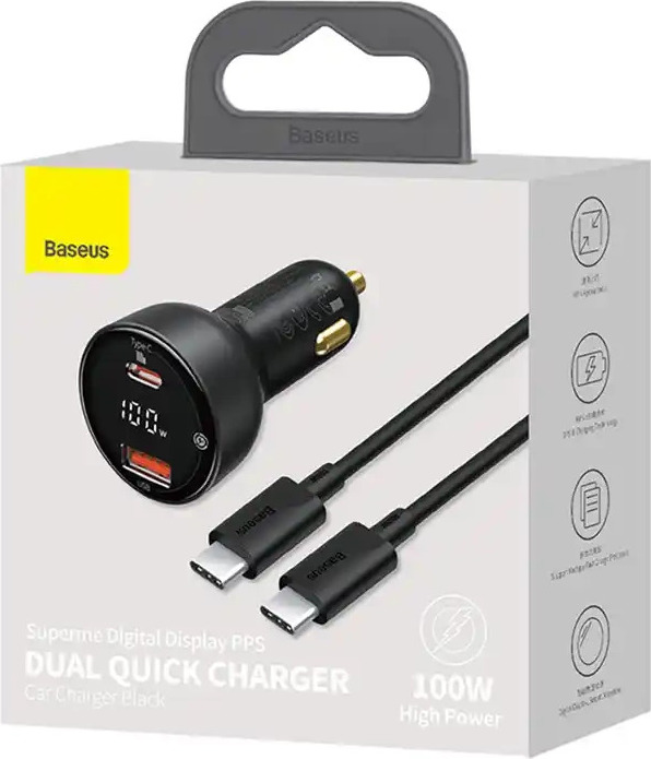 Baseus car charger Superme PD 100W 1x USB 1x USB-C black + cable USB-C - USB-C