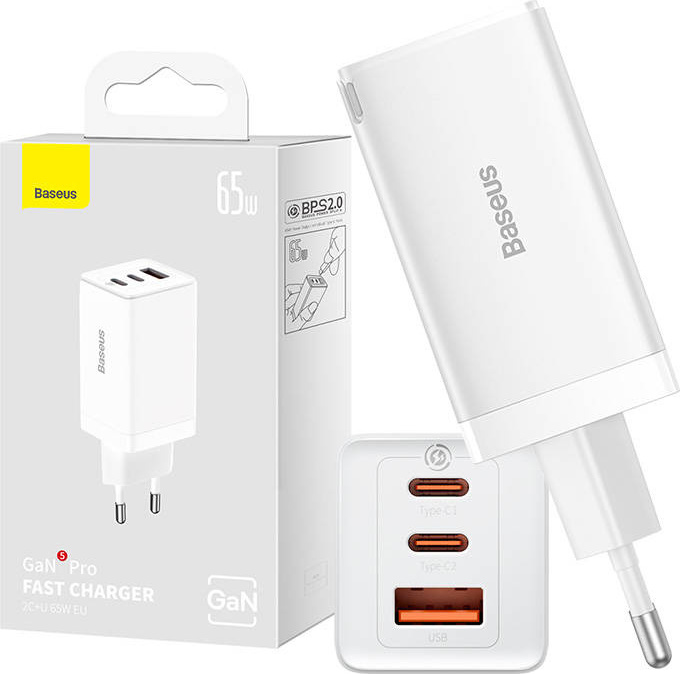 Nástěnná nabíječka Baseus GaN5 Pro 2xUSB-C + USB, 65W (bílá)