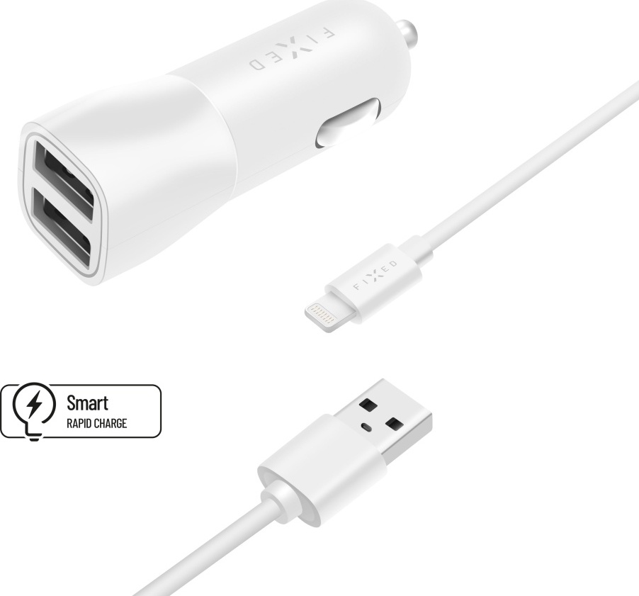 Set autonabíječky FIXED s 2xUSB výstupem a USB/Lightning kabelu, 1 metr, MFI certifikace, 15W Smart Rapid Charge, bílá