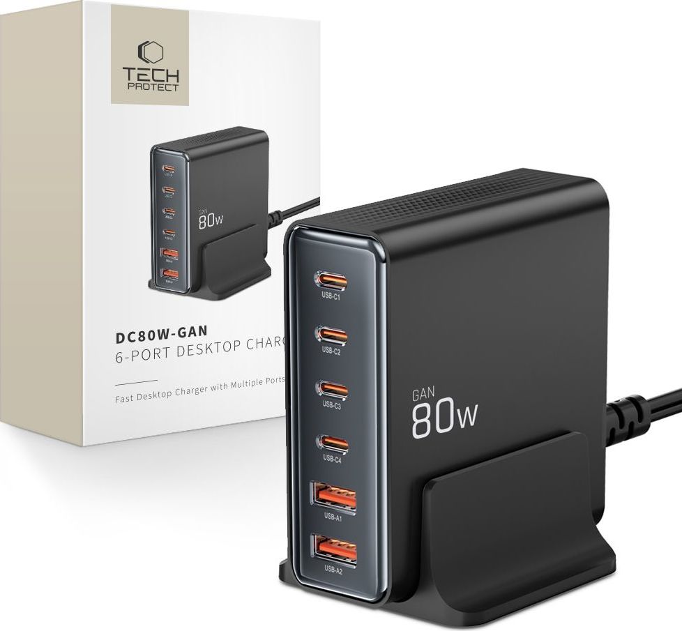 TECH-PROTECT DC80W-GAN 6-PORT DESKTOP CHARGER PD 80W / QC3.0 BLACK