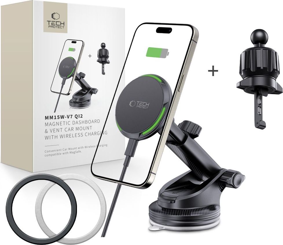 TECH-PROTECT MM15W-V7 držák do auta QI2 MAGNETIC MagSafe DASHBOARD & VENT CAR MOUNT WIRELESS CHARGER 15W BLACK