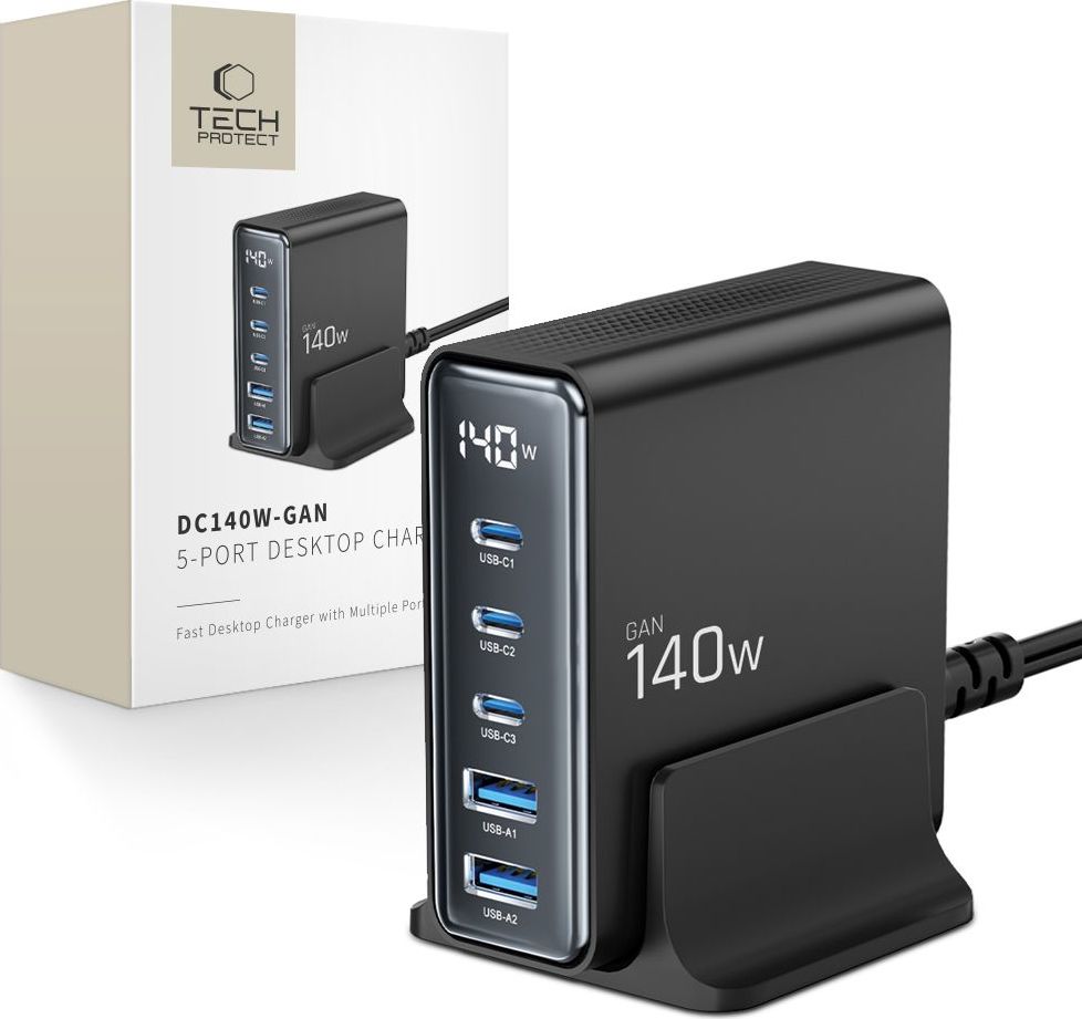 TECH-PROTECT DC140W-GAN 5-PORT DESKTOP CHARGER PD 140W / QC3.0 BLACK