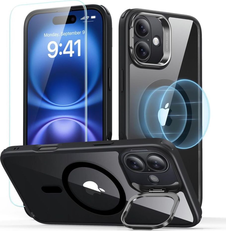 ESR CLASSIC HYBRID KICKSTAND HALOLOCK MAGSAFE & TEMPERED GLASS IPHONE 16 PLUS CLEAR/BLACK