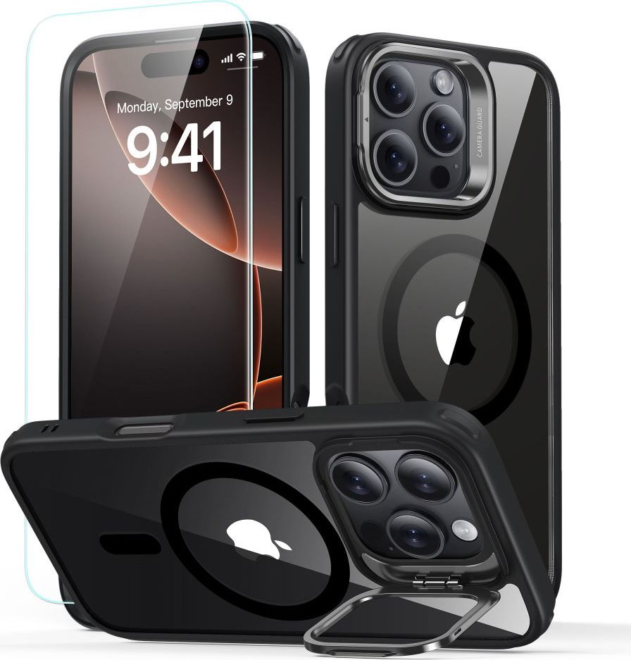 ESR CLASSIC HYBRID KICKSTAND HALOLOCK MAGSAFE & TEMPERED GLASS IPHONE 16 PRO CLEAR/BLACK