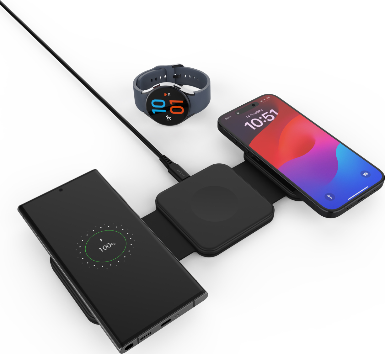 FIXED Flex for Samsung bezdrátová skládací nabíječka 3v1 pro Galaxy Watch, 2×15W + 3W, černá