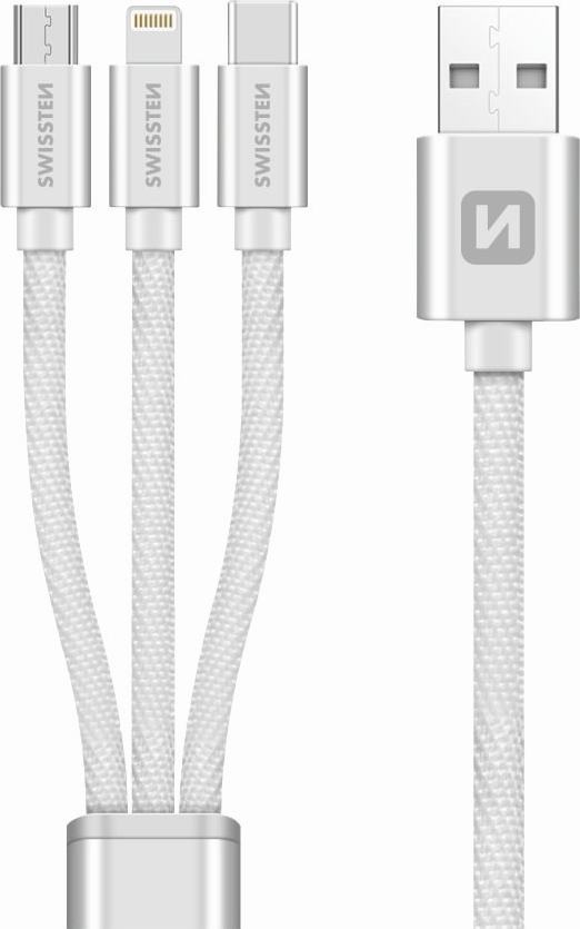 DATOVÝ KABEL SWISSTEN TEXTILE 3in1 MFi 1,2 M STŘÍBRNÝ (Lightning, USB-C, Micro USB)