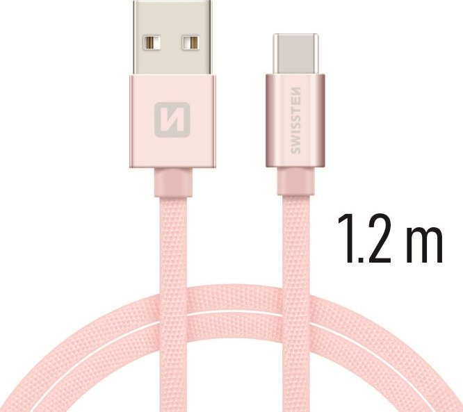 Levně DATOVÝ KABEL SWISSTEN TEXTILE USB / USB-C 1,2 M RŮŽOVO/ZLATÝ