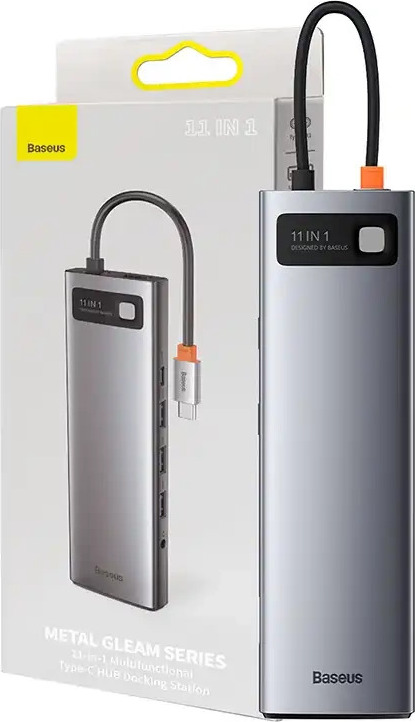 Rozbočovač 11v1 Baseus Metal Gleam Series, USB-C na 3x USB 3.0 + 2x HDMI + USB-C PD + Ethernet RJ45 + microSD/SD + VGA + AUX