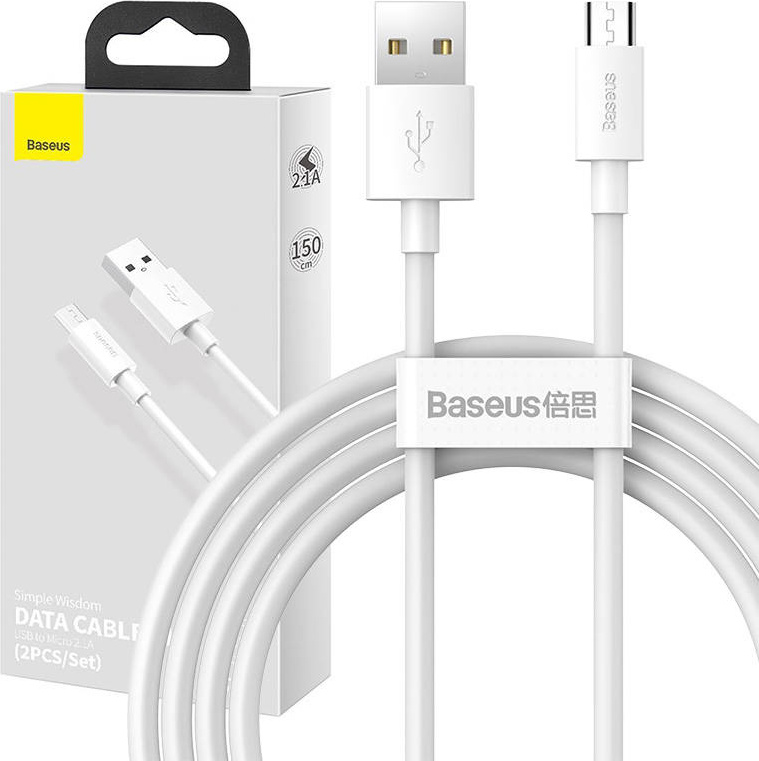 Sada datových kabelů Baseus Simple Wisdom USB to Micro 2.1A (2PCS/Set) 1.5m bílý