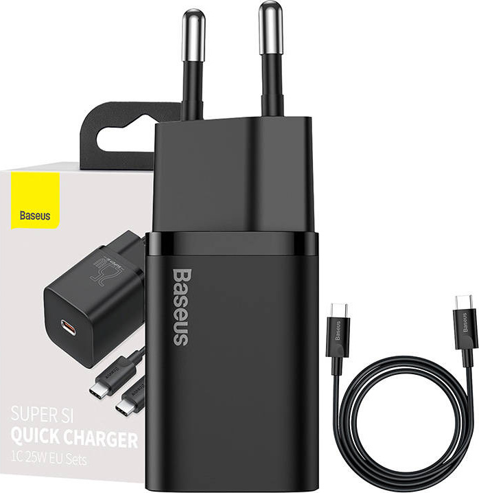 Baseus TZCCSUP-L01 Super Si Quick Nabíječka USB-C 25W + Datový Kabel USB-C to USB-C 1m Black