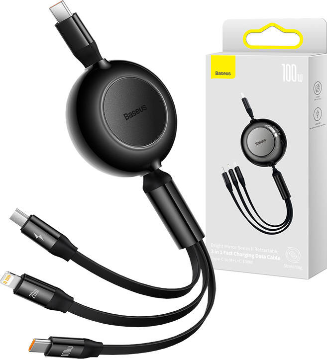 Baseus Bright Mirror 4, kabel USB-C 3 v 1 pro micro USB / USB-C / Lightning 100 W / 3,5 A 1,1 m (černý)