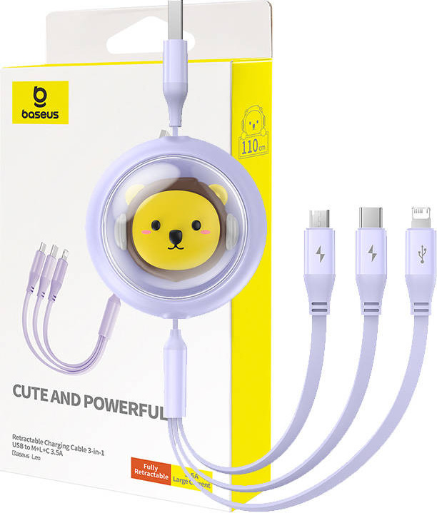 Nabíjecí kabel 3w1 Baseus USB na USB-C, USB-M, Lightning 3,5A, 1,1 m (fialový)