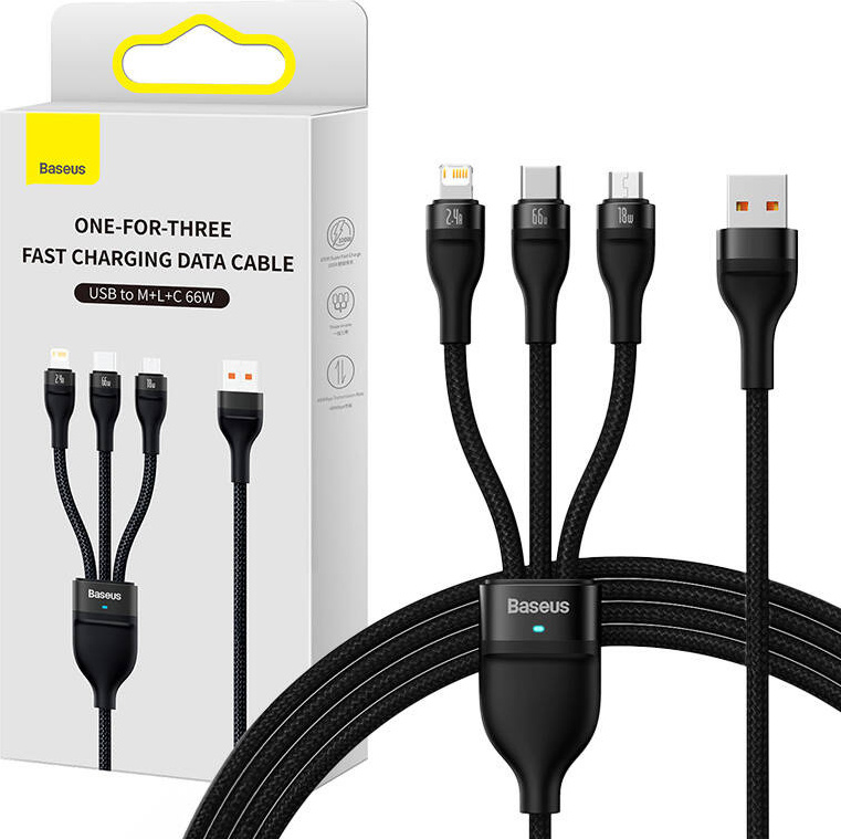 Kabel USB 3v1 řady Baseus Flash II, USB-C + micro USB + Lightning, 66 W, 1,2 m (černý)
