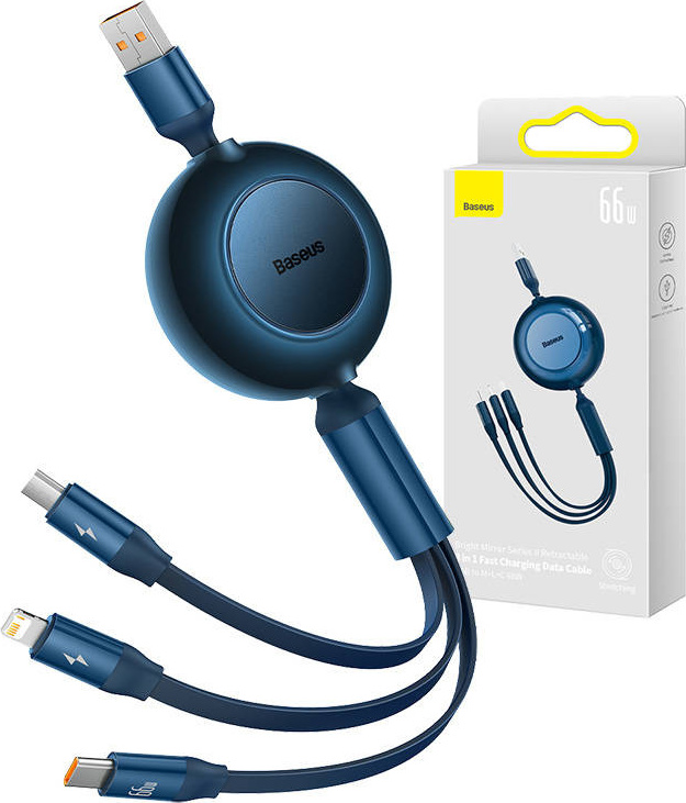 Baseus Bright Mirror 3, USB kabel 3 v 1 pro micro USB / USB-C / Lightning 66W / 2A 1,1 m (modrý)
