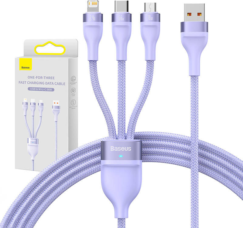 Kabel USB 3v1 řady Baseus Flash II, USB-C + micro USB + Lightning, 66 W, 1,2 m (fialový)
