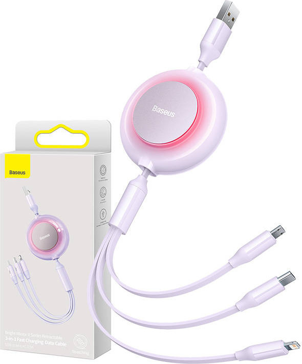 Baseus Bright Mirror 2, kabel 3 v 1 USB 3 v 1 pro micro USB / USB-C / Lightning 3,5A 1,1 m (fialový)