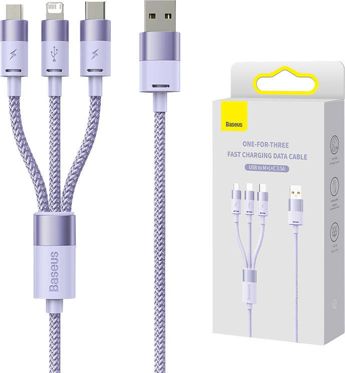 Kabel USB 3v1 Baseus řady StarSpeed, USB-C + Micro + Lightning 3,5A, 1,2 m (fialový)