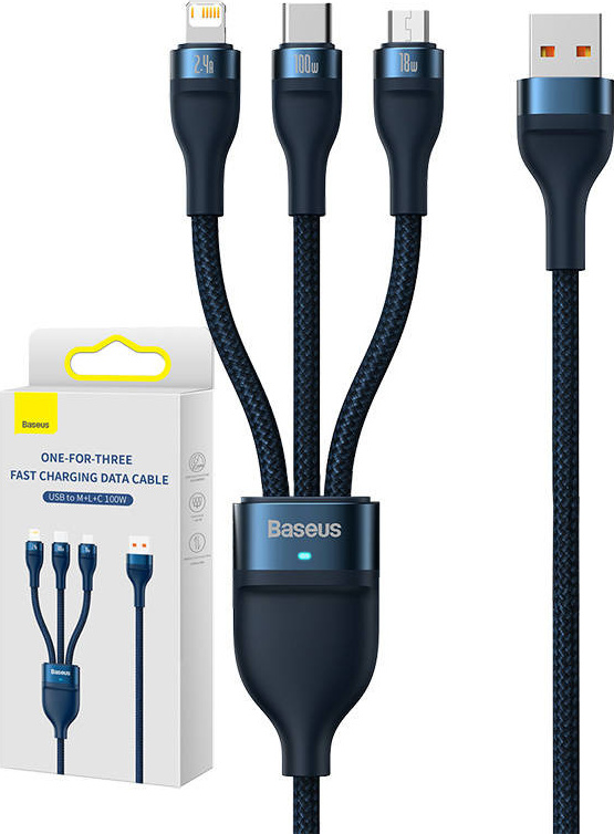 USB kabel 3v1 Baseus Flash Series, USB-C + micro USB + Lightning, 100W, 1,2 m (modrý)