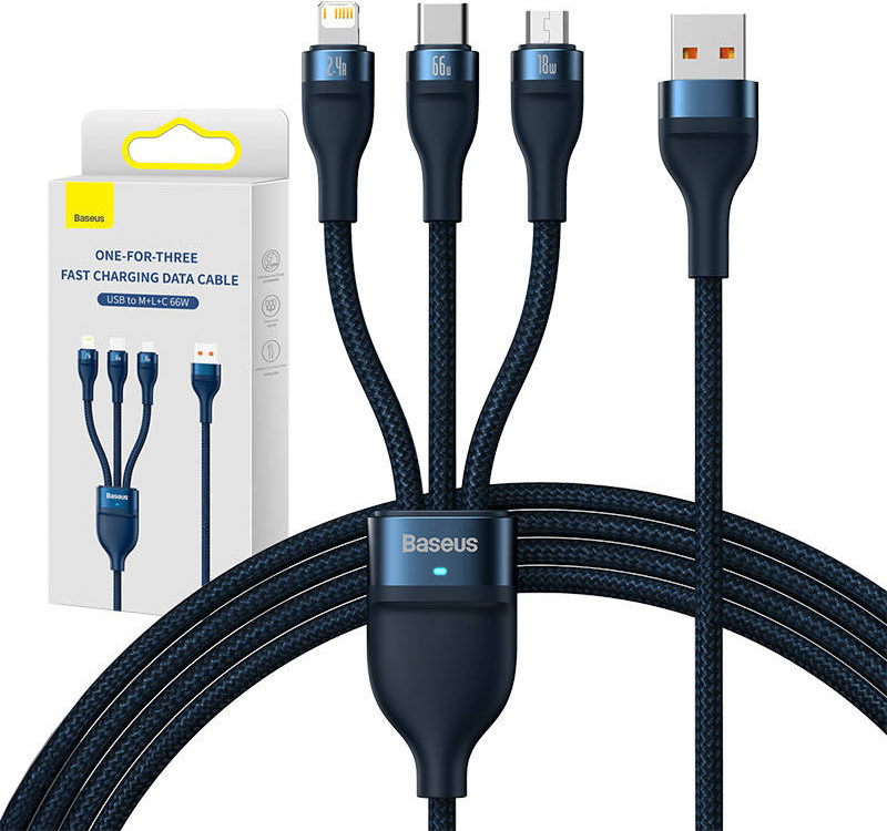 Baseus Flash Series Ⅱ 3in1 Fast Charging Cable USB-A to USB-C / Micro-USB / Lightning 66W 480Mbps 1.2m Blue
