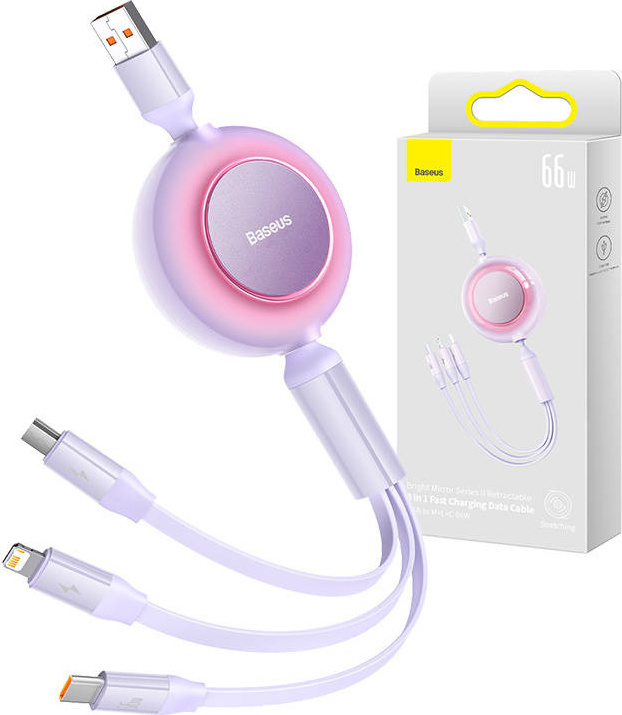 Baseus Bright Mirror 3, USB kabel 3 v 1 pro micro USB / USB-C / Lightning 66W / 2A 1,1 m (fialový)