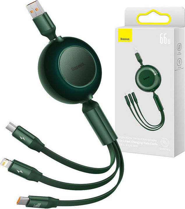 Baseus Bright Mirror 3, USB kabel 3 v 1 pro micro USB / USB-C / Lightning 66W / 2A 1,1 m (zelený)