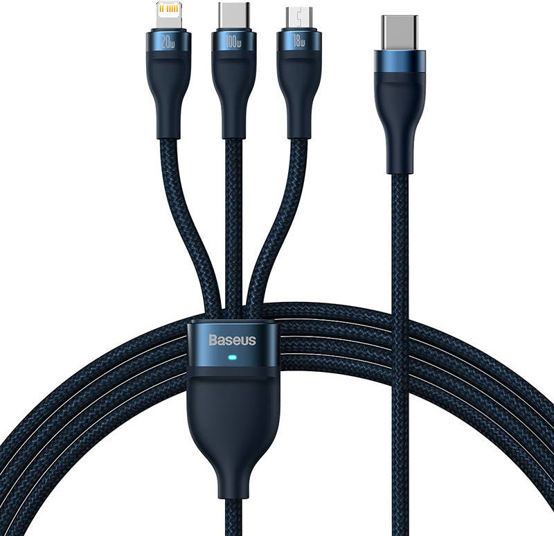 Kabel USB 3v1 Baseus Flash Series 2, USB-C + micro USB + Lightning, 100 W, 1,5 m (modrý)