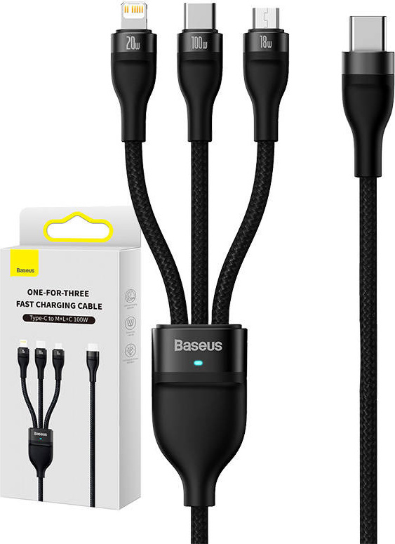 Kabel USB 3v1 Baseus Flash Series 2, USB-C + micro USB + Lightning, 100 W, 1,5 m (černý)