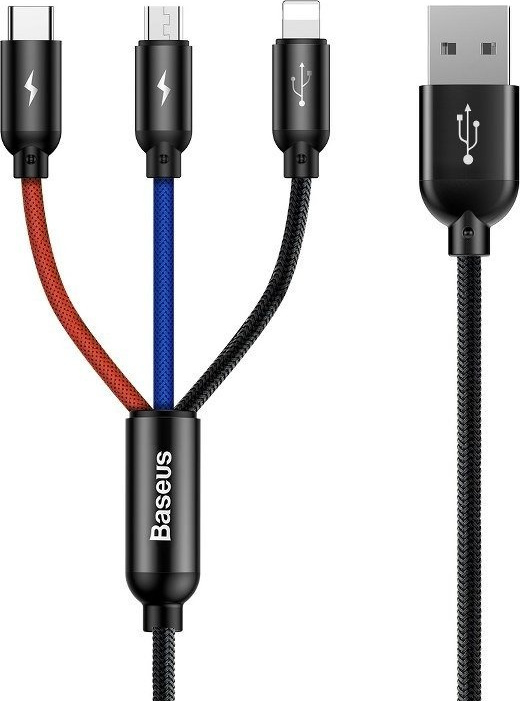 Kabel Baseus 3v1 USB-C / Lightning / Micro 3,5A 0,3m - černý