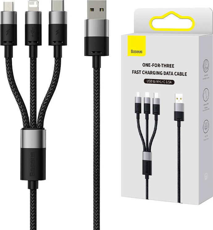 Kabel USB 3v1 Baseus řady StarSpeed, USB-C + Micro + Lightning 3,5A, 1,2 m (černý)
