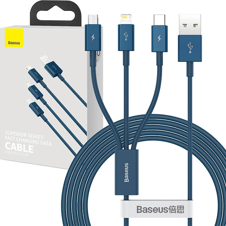 Kabel USB 3v1 Baseus Superior Series, USB na micro USB / USB-C / Lightning, 3,5 A, 1,5 m (modrý)