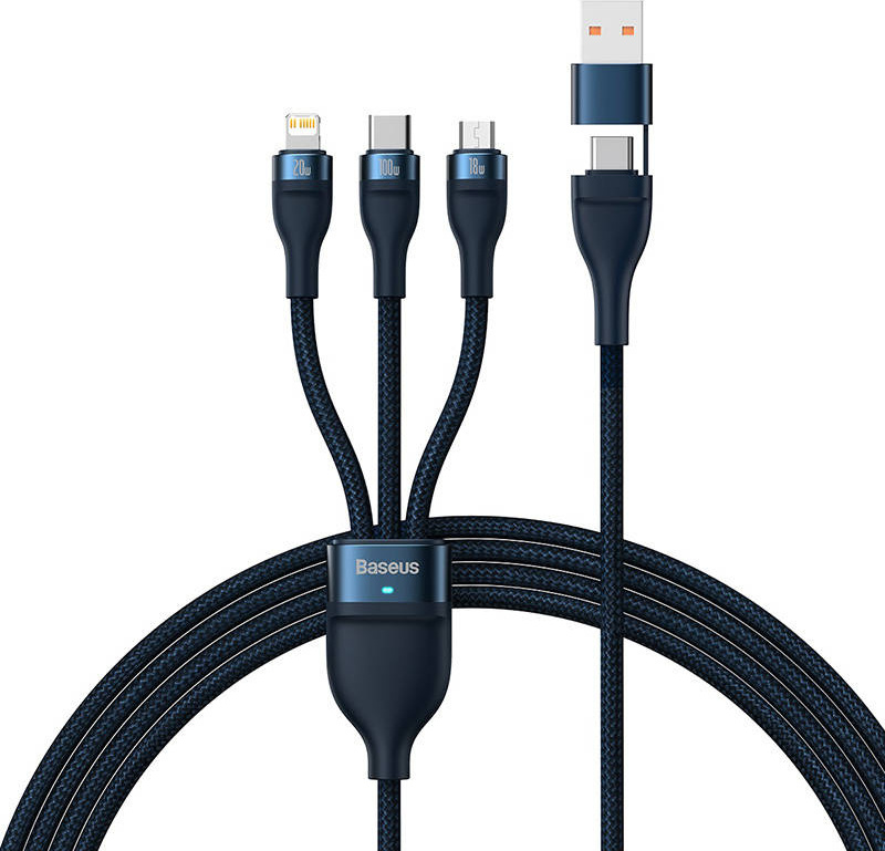 Kabel USB 3v1 Baseus Flash Series 2, USB-C + micro USB + Lightning, 100 W, 1,2 m (modrý)