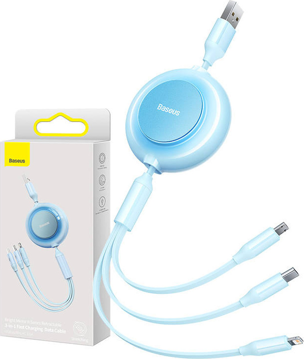 Baseus Bright Mirror 2, USB kabel 3 v 1 pro micro USB / USB-C / Lightning 3,5A 1,1 m (nebesky modrý)