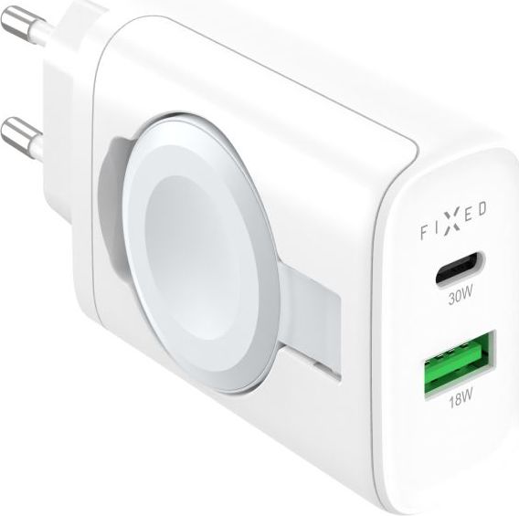 Síťová nabíječka FIXED Power Socket s USB-A a USB-C výstupem a vyklápěcí nabíječkou pro Apple Watch, 33W, bílá
