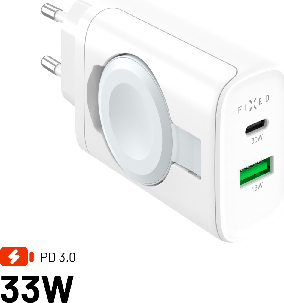 Síťová nabíječka FIXED Power Socket s USB-A a USB-C výstupem a vyklápěcí nabíječkou pro Apple Watch, 33W, bílá