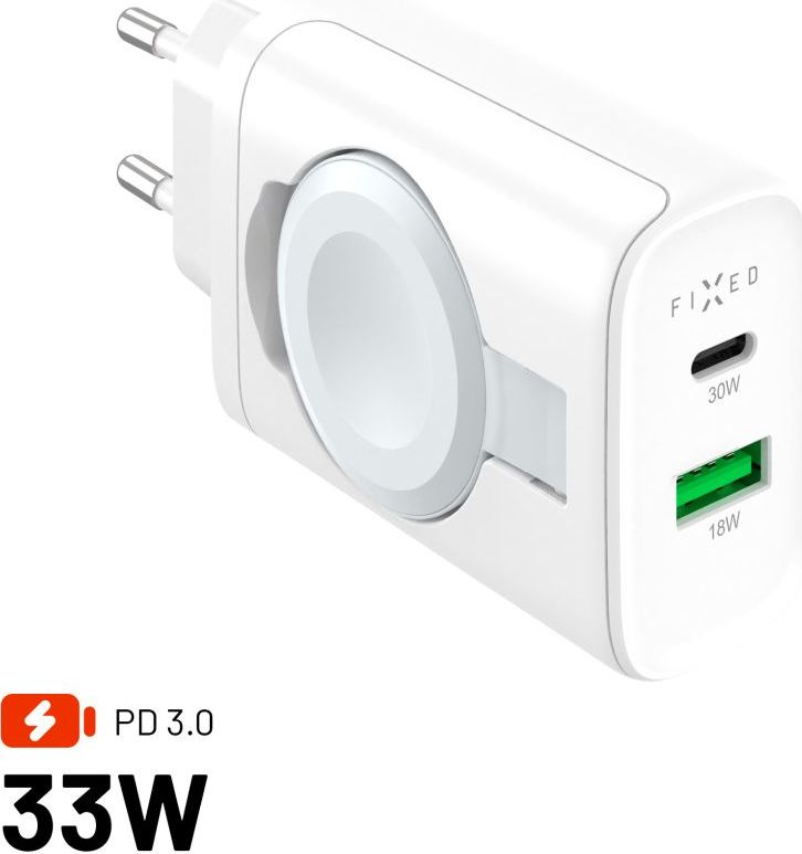 Síťová nabíječka FIXED Power Socket s USB-A a USB-C výstupem a vyklápěcí nabíječkou pro Apple Watch, 33W, bílá
