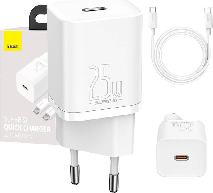Levně Baseus TZCCSUP-L02 Super Si Quick Nabíječka USB-C 25W + Datový Kabel USB-C to USB-C 1m White