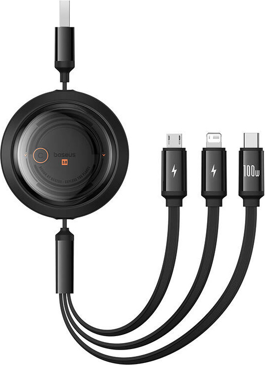 Baseus Free2Draw Retractable Crystal Fast Charging Data Cable USB to M+L+C 100W 1.1m Cluster Black