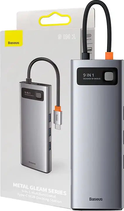 Rozbočovač 9v1 Baseus Metal Gleam Series, USB-C na 3x USB 3.0 + HDMI + USB-C PD + Ethernet RJ45 + microSD/SD + VGA