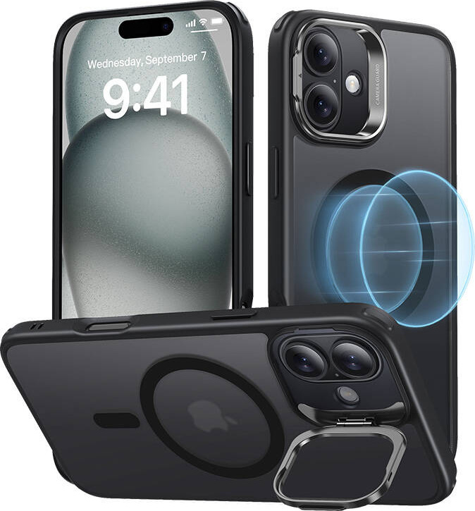 Klasické hybridní (HaloLock) ESR pouzdro se stojánkem pro iPhone 16 (černé)