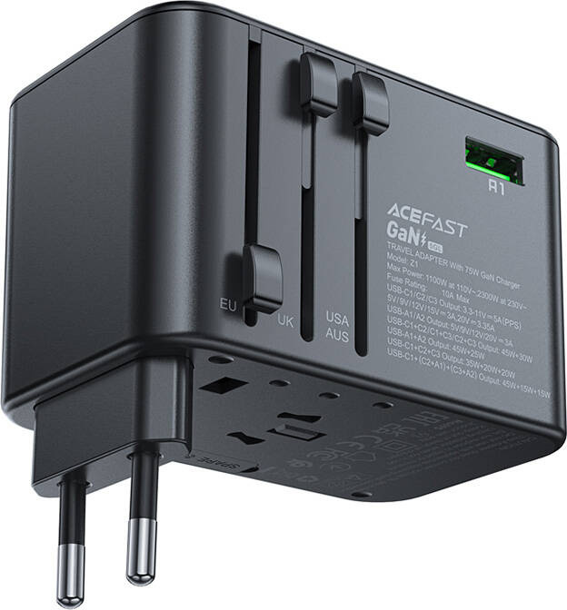 Multifunkční cestovní síťová nabíječka Acefast Z1, 2xUSB-A, 3xUSB-C, GaN, 67W, US/EU/UK/AU (černá)